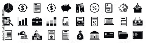 A collection of simple black icons related to finance, banking, and business. Ideal for infographics, websites, presentations, and user interface design to illustrate economic concepts.