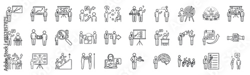 A collection of thin line icons illustrating concepts of coaching, mentoring, and business training. Perfect for professional development, leadership, and educational materials.