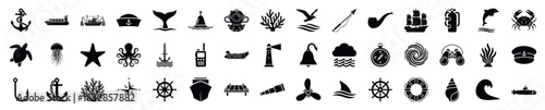 A comprehensive collection of black silhouette icons on a nautical theme. Includes ships, sea creatures, and maritime equipment, perfect for various graphic applications.