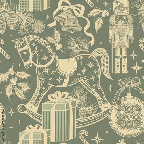 Vintage Christmas toys and gifts. Seamless pattern. Xmas symbols. Vector. Template for holiday wrapping paper.