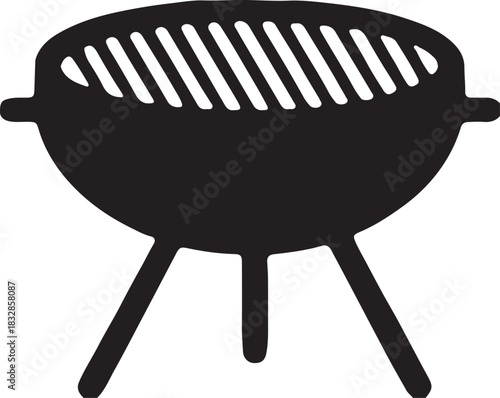Black silhouette of a charcoal kettle grill with three legs and a grate isolated on transparent background