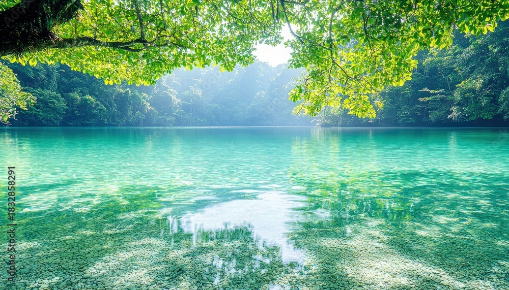 Obraz premium A beautiful turquoise lake surrounded by lush green trees, with sunlight filtering through the foliage, creating a serene and peaceful atmosphere.
