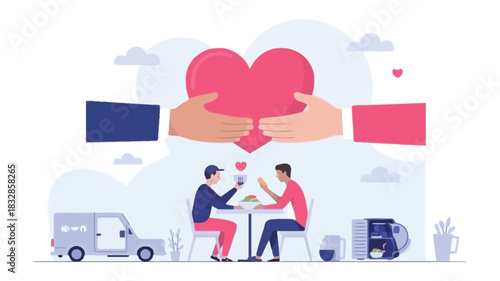 Two men sharing a meal are supported by a large heart held by two hands representing love and community support