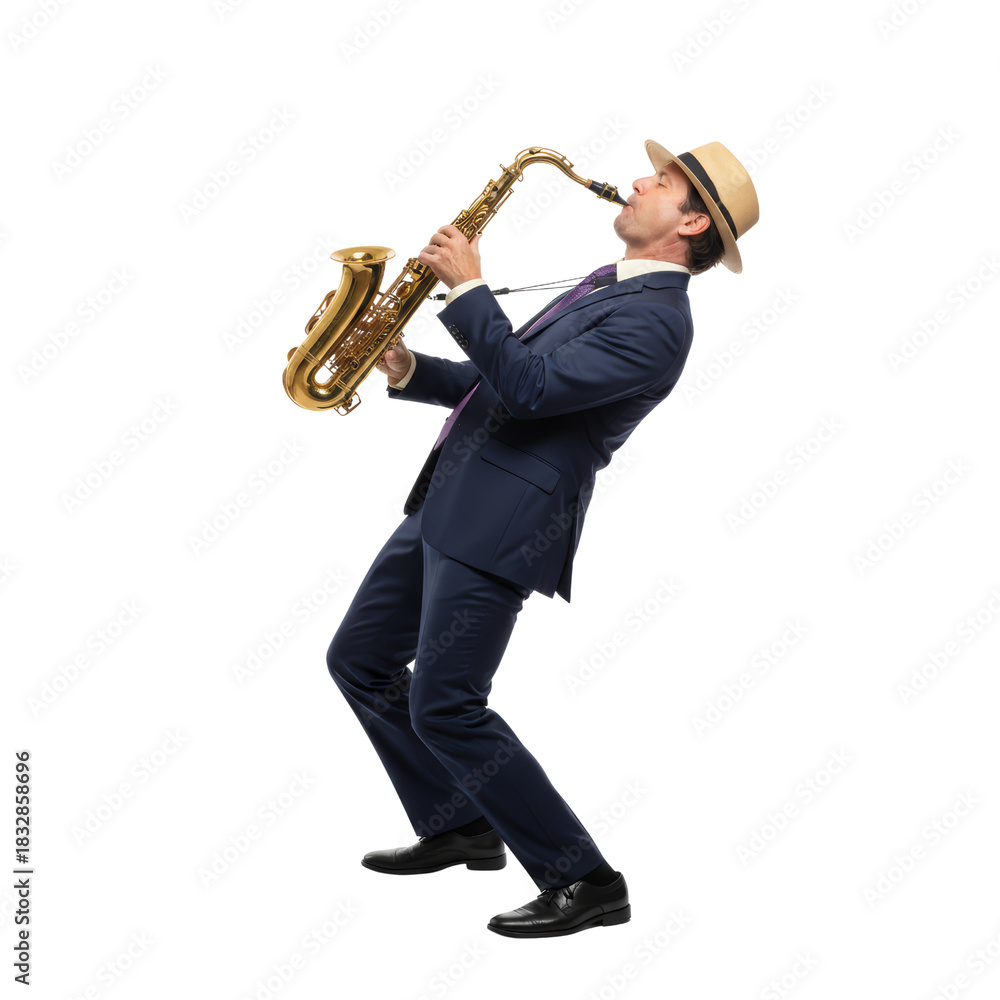 Naklejka premium Passionate musician in dynamic posture performing expressive melody on saxophone against isolated