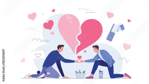 Two men holding hands and a broken heart symbolizing love reconciliation or mending a relationship with hearts and clouds in the background