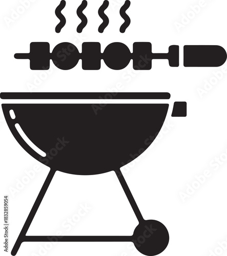 Black silhouette of a barbecue grill with a skewer of food cooking over steaming heat isolated on transparent background