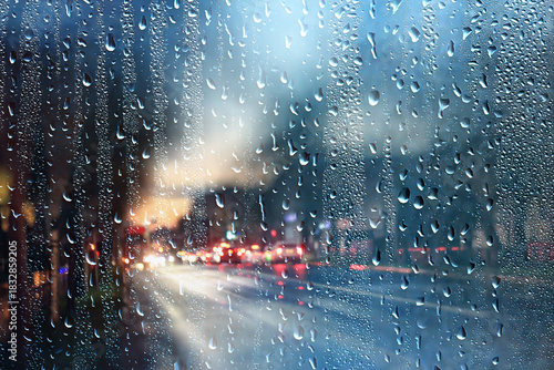 Blurred bokeh background, traffic view of cars, rain in the city, wet glass background with drops