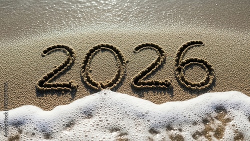 Exciting 2026 year written in sand being washed away by ocean wave