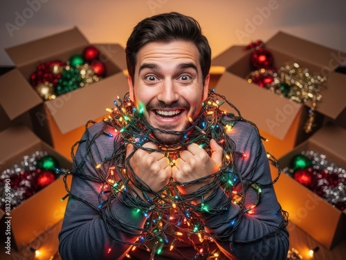 Man tangled in Christmas lights with a joyful expression
