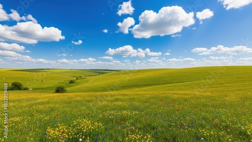 Fototapeta Naklejka Na Ścianę i Meble -  Vibrant wildflower meadow under sunny sky, perfect for summer campaigns