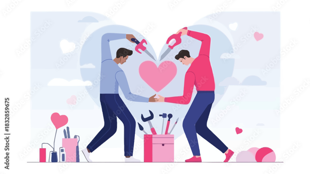 Fototapeta premium Two men are working together to build or repair a heart symbol symbolizing collaboration in love and relationships with tools and hearts in the background