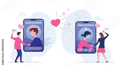 Modern love connection through dating apps with hearts and likes symbolizing romance and virtual relationships between two people communicating via smartphones