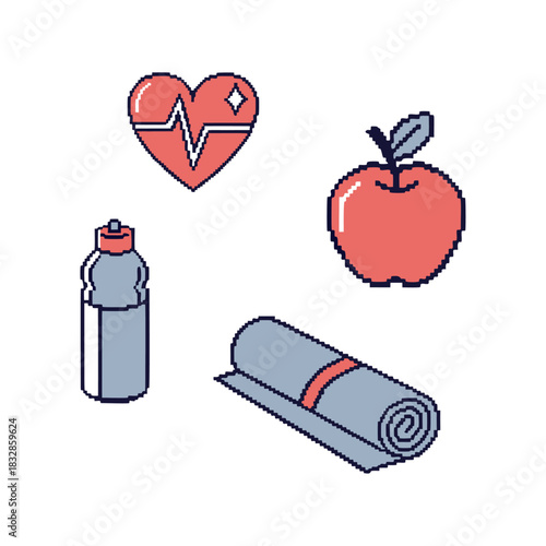 Pixel art heart, apple, water bottle, yoga mat icon, vector, Fitness and healthy lifestyle icon set