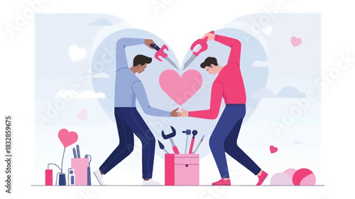 Two men are working together to build or repair a heart symbol symbolizing collaboration in love and relationships with tools and hearts in the background