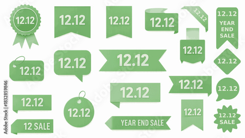12.12 Sale Banner Set collection, Big Offer, year end Promotional Discount, Labels, badge, Winter Icons for Shopping Day, Hot Sale Event, green ribbons, tags, stickers for Marketing Template, web Ads.