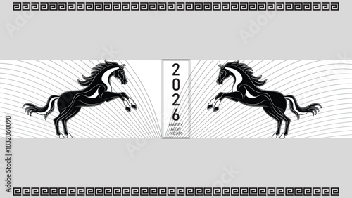 Monochrome Line Art Horse Illustration with Sunburst Lines for Lunar New Year 2026 Celebration Banner and Minimalist Holiday Background