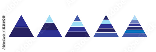 one to six level Pyramid infographic blue set. Triangle hierarchy data segments collection. Vector business illustration isolated on white.