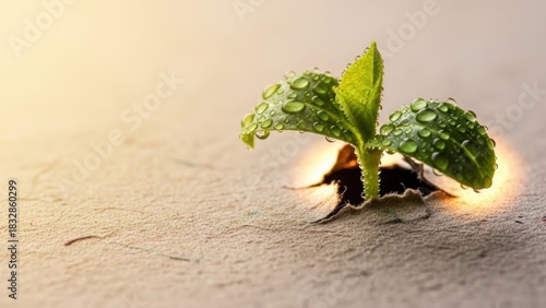 Fresh green seedling with water droplets emerging through a tear in the dry ground