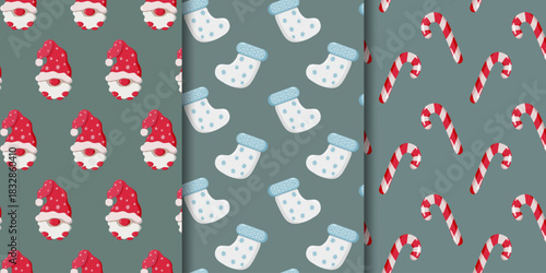Set of three Christmas-themed wrapping paper patterns on muted green Gnome faces with snowflake hats, white stockings with blue cuffs, and diagonal red-and-white candy canes. Festive and playful holid
