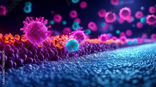 Vibrant virus and pathogen near cell membrane, infection concept with immune microbiology biology disease science collide across textured surface