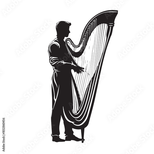 man standing playing the harp