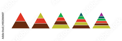 Colorful pyramid infographic templates collection. Pyramid charts with 2, 3, 4, 5, 6 levels . Flat color design. Pyramid infographic set . Vector Illustration
