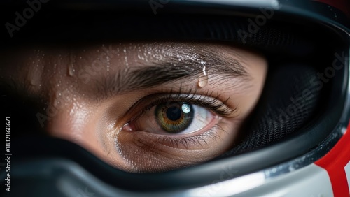 Intense race car driver eye with sweat inside helmet in extreme competition