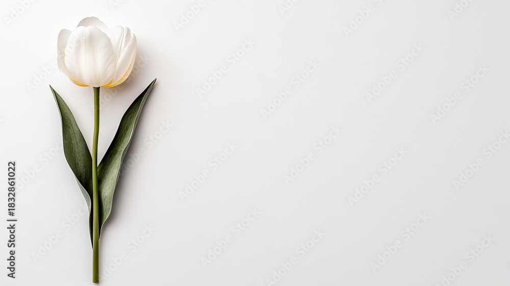 Fototapeta premium A single white tulip with green leaves isolated on a white background. The image is a top-down view with a minimalist aesthetic.