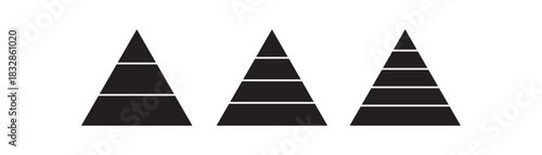 Pyramid infographic set . Pyramid charts with 3, 4, 5 levels . Triangle hierarchy data segments collection. Business Pyramid Diagram 3 4 5 Level Infographic Vector. Vector illustration