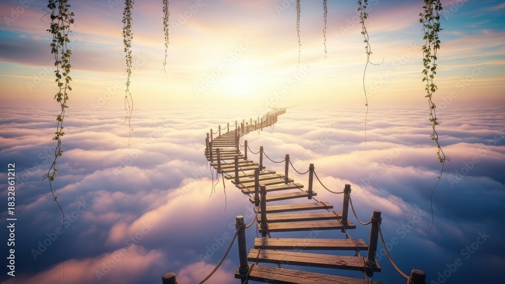 Fototapeta premium Wooden bridge extending over a sea of clouds toward a bright golden sun concept