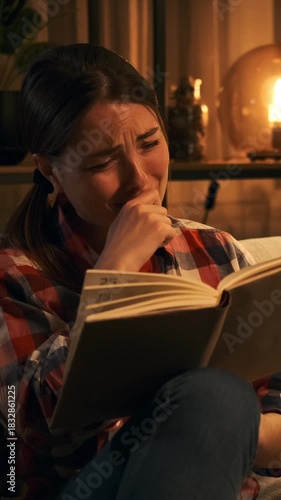 Sad young woman sitting on sofa and crying while reading a touching book in cozy living room at night. Emotional female reader wiping tears. Vertical video.