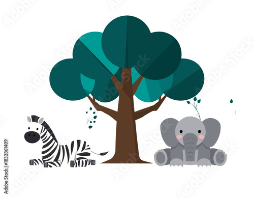 Charming Flat Design Zebra and Elephant Companions Under a Large Teal Leafed Tree in a Stylized Natural Environment Minimalist Woodland Scene with Cute Cartoon Animals