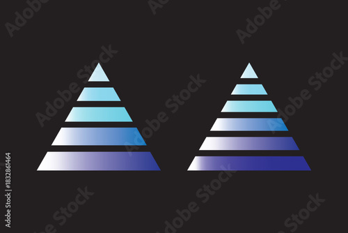 Levels of triangular blue pyramid icon set. Pyramid chart infographic 6 levels. Business Pyramid Diagram strategy, growth, progress, success, level.