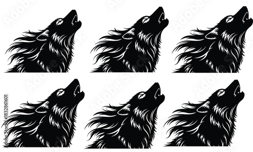 Six howling wolf heads in a striking black silhouette against a white background conveying a sense of wildness and unity silhouette