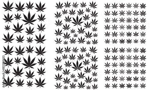 Three vertical panels showcasing a repeating pattern of cannabis leaf silhouettes in varying sizes and densities a digital illustration silhouette
