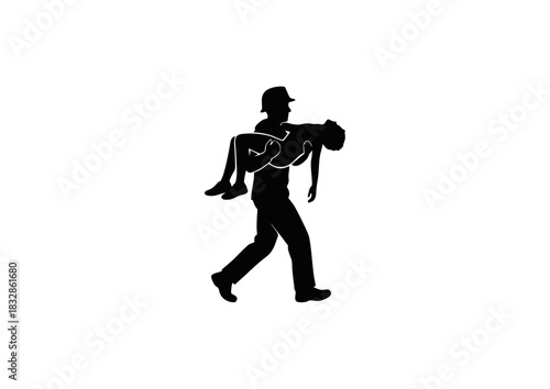 A powerful silhouette of a rescuer carrying an injured person, symbolizing emergency response, heroism, and life-saving first aid