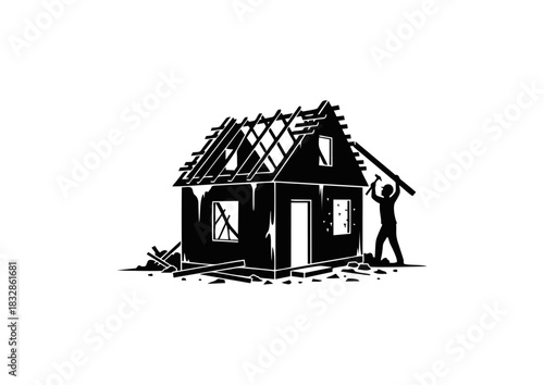 Worker engaged in the demolition of a small, ruined house, a powerful symbol of change and reconstruction