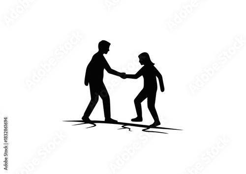Silhouette of a man extending a helping hand to a woman struggling to cross a broken path