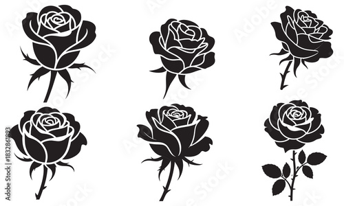 Collection of six elegant black rose silhouettes with detailed petals and stems perfect for graphic design and artistic projects silhouette