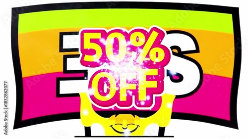 Cartoon Sale Sign With Colorful Background And Character Holding The Sign Up With Its Hands
