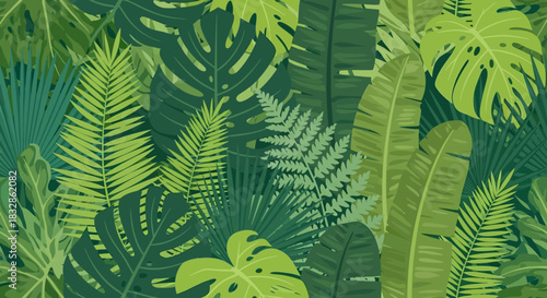 Seamless pattern of various tropical jungle leaf plant foliage