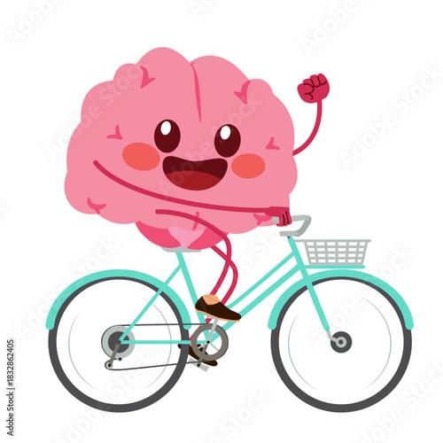 Cartoon vector illustration of a happy pink brain riding a bicycle concept for mental health, wellness, cognitive activity and positive lifestyle habits