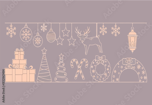 Minimalist outline vector set of Christmas decorations, ornaments, trees, gifts, and candy canes isolated PNG with Transparent Background