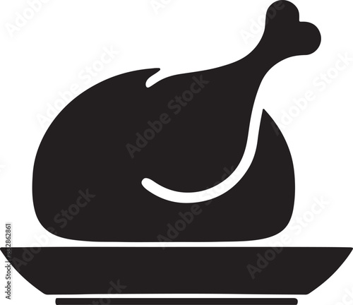 A black silhouette of a roasted whole chicken on a platter presented as a graphic icon isolated on transparent background