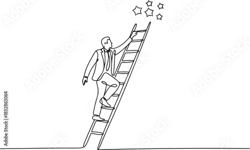 A line art drawing businessman climbing a ladder to reach out for stars. Employees climb career paths. Motivation to be a successful. one line Icon drawing