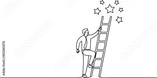 A line art drawing businessman climbing a ladder to reach out for stars. Employees climb career paths. Motivation to be a successful. one line Icon drawing