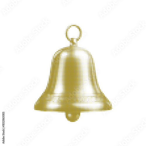 Golden dotted bell icon with halftone texture. Minimalist festive symbol suitable for Christmas, holiday decoration, announcement or notification themes.