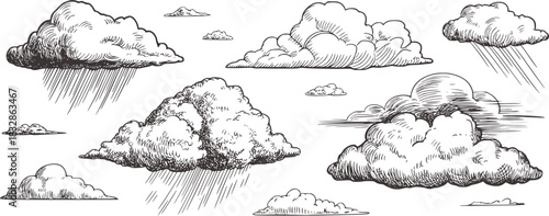 Black and white sketch of various clouds with rain