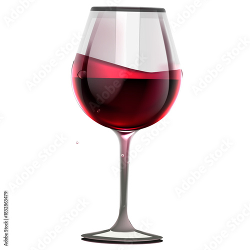 An elegant crystal wine glass filled with swirling red wine, isolated on a clean white background.