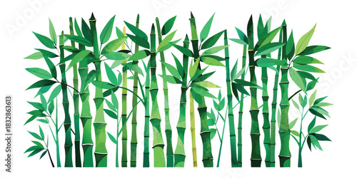 Watercolor style illustration featuring a dense thicket of vibrant green bamboo stalks and leaves
